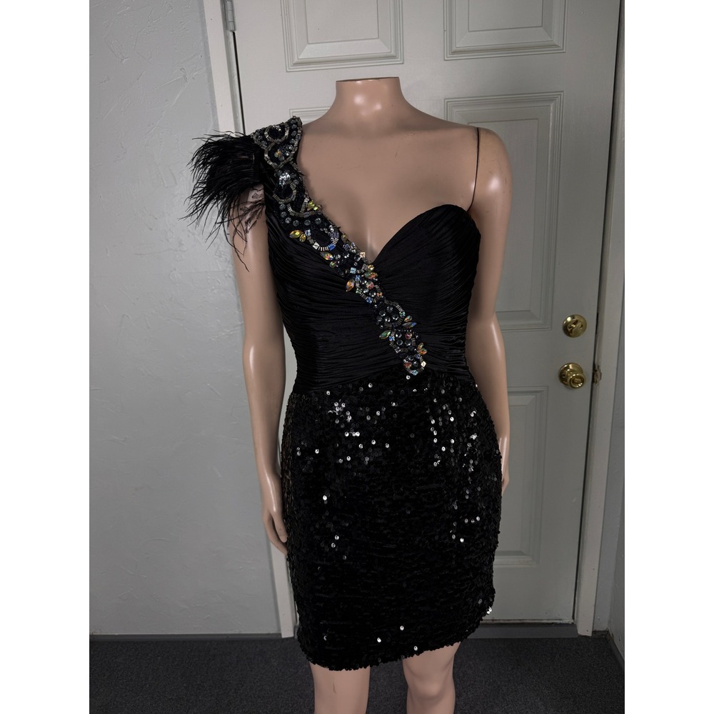 Vintage 80s 90s Party Time Dress 6 Formal Prom Feather Sequin One Shoulder H4-25